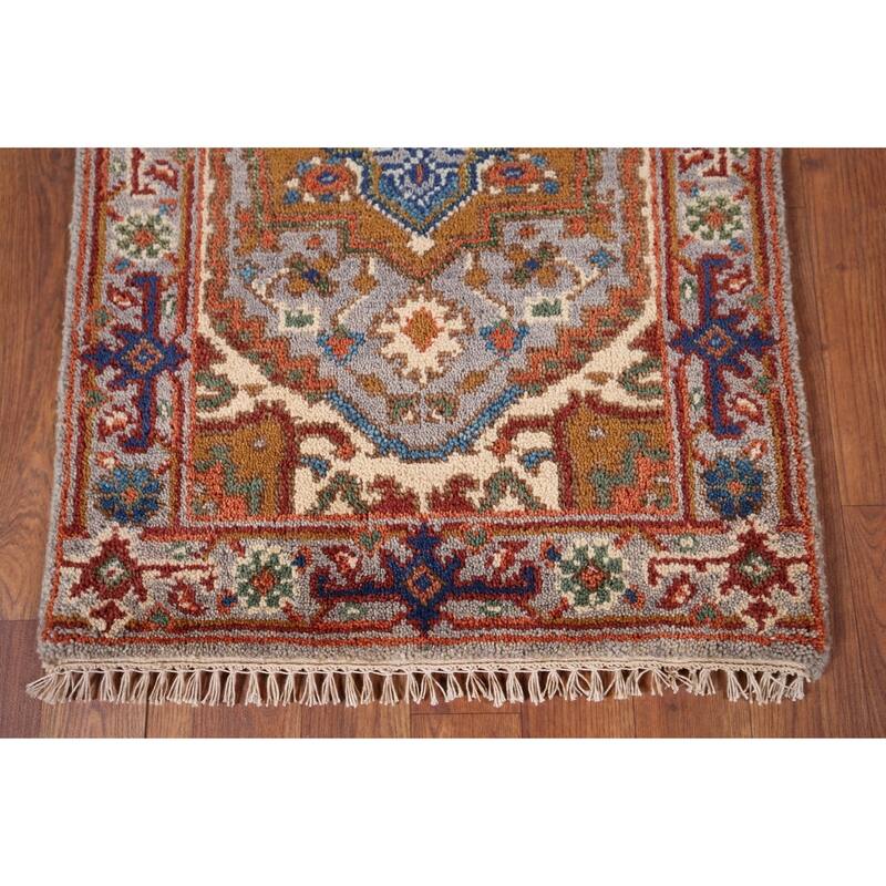 Geometric Heriz Serapi Indian Accent Rug Handmade Grey Wool Carpet - 2'1" x 3'2"