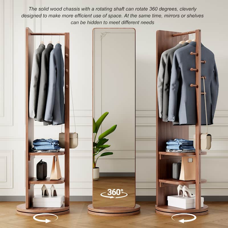 360° Rotating 66"x14" Multifunctional Full Length Mirror with Hook Storage Rack Coat Rack with Mirror Solid Wood Floor Mirror