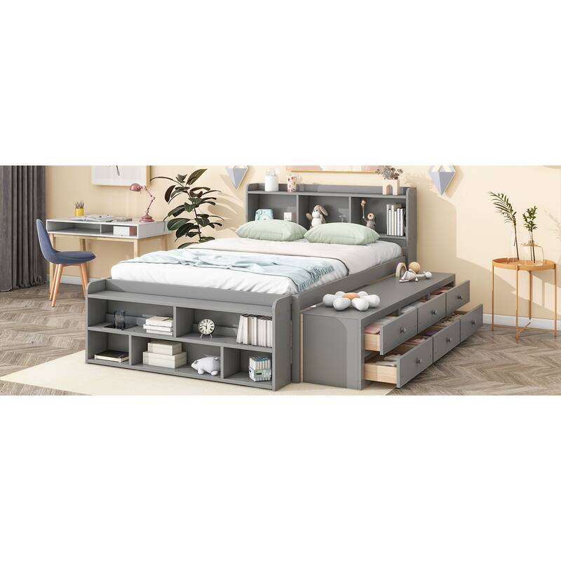 Roomfitters Full Bed with Bookcase Headboard, Underbed Storage System and Foot-End Storage Unit