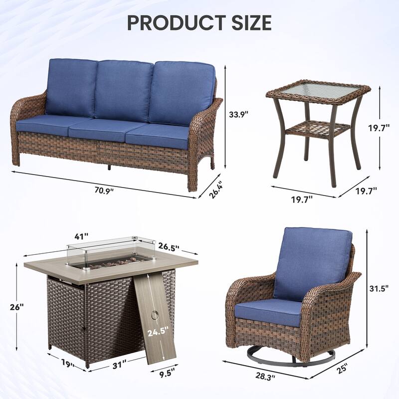 Pocassy Patio Sofa Swivel Chairs with Fire Table Funiture Set