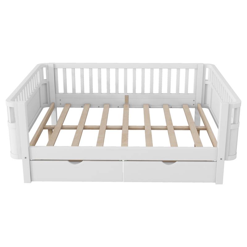 Full Size Wood Platform Bed for Kids, Wood Low Profile Full Bed with Rails for Girls and Boys, White