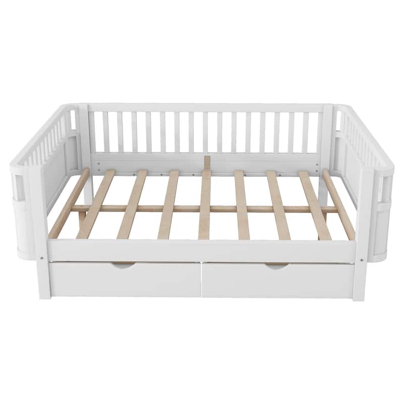 Wooden Kids Bed with 2 Storage Drawers, Guardrails and Removable Side Rail, Rounded Corners Frame Montessori Bed, Toddler Bed
