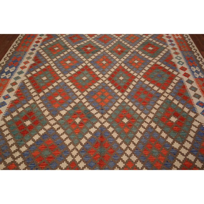 Reversible Geometric Kilim Area Rug Hand-Woven Wool Carpet - 8'2" x 10'5"