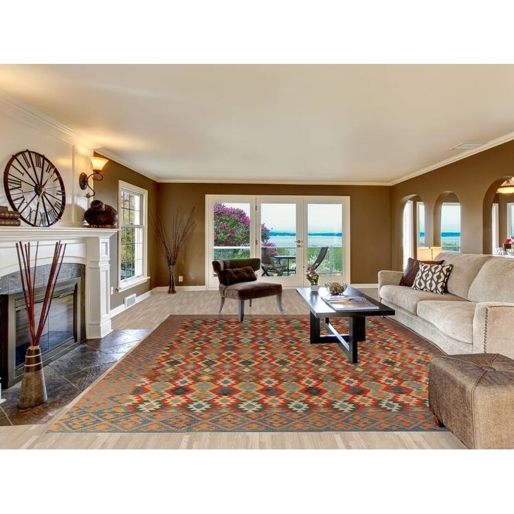 Reversible Kilim Oriental Rug Hand-Woven Tribal Reversible Wool Carpet - 10'0"x 12'10"