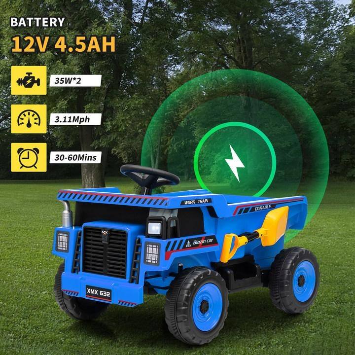 12V Ride-On Dump Truck with Remote Control, Automatic Lift Bed, Shovel & Music Player – for Kids Ages 3–8