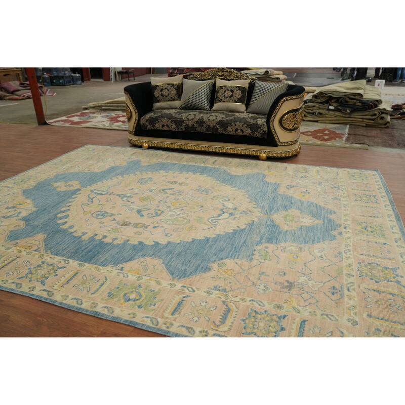 Vegetable Dye Wool Oushak Turkish Area Rug, Medallion Geometric Carpet - 13' 4'' X 9' 10''