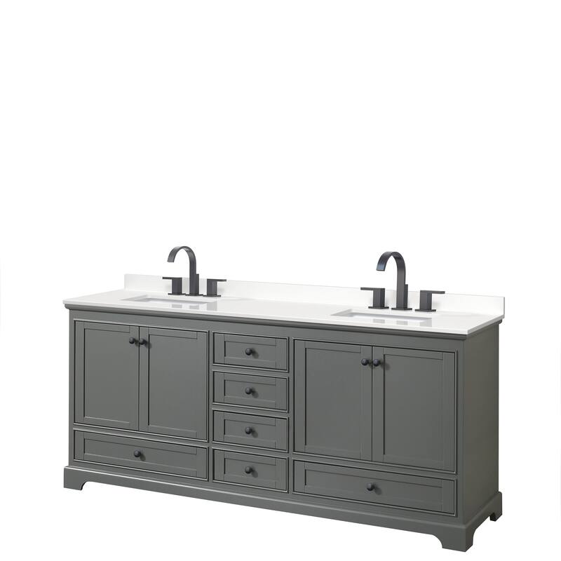 Deborah 80-inch Double Vanity, Quartz Top - Dark Gray, Black Trim, White Quartz Top