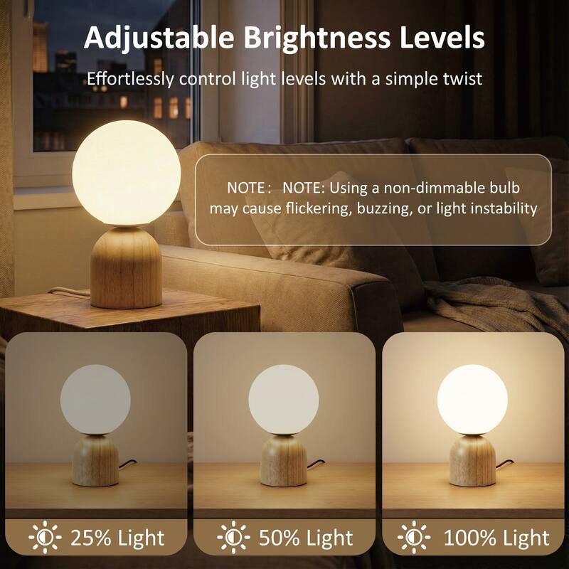 9.84'' Modern Opal Glass Globe Table Lamp with Solid Rubber Wood Base, Rotary Dimmer Switch (Bulb Not Included)