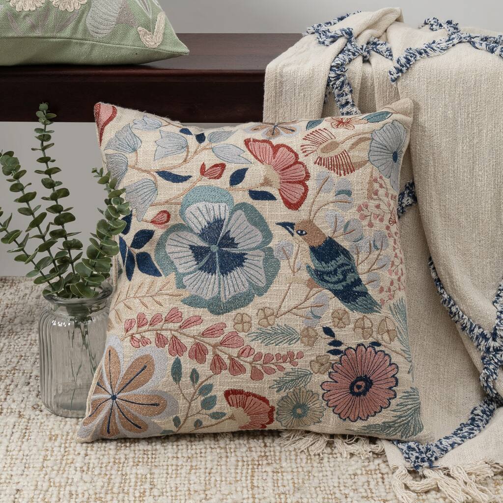 Handwoven Embroidered Bird and Floral Square Throw Pillow - 24" - Multicolor