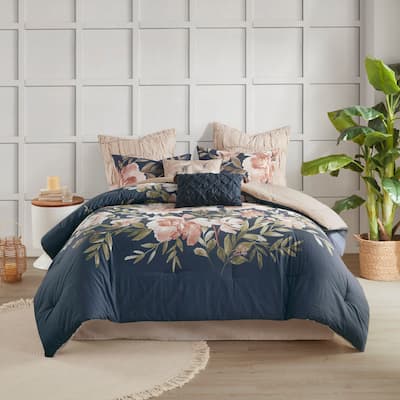 Madison Park Maia Navy Blush Floral Print 8-piece Cotton Comforter Set