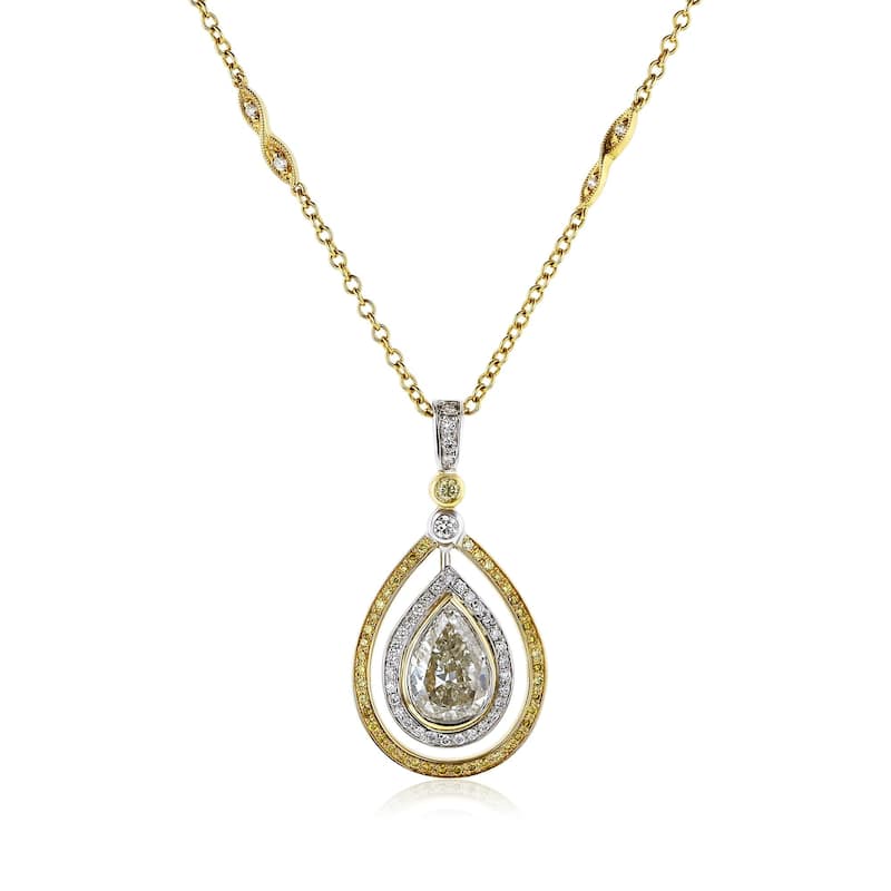 Kobelli 2.45 Carat Natural Fancy Yellow Diamond GIA Certified 18k Solid Two-Tone Gold Orbit Halo Pear Circuit Necklace - White