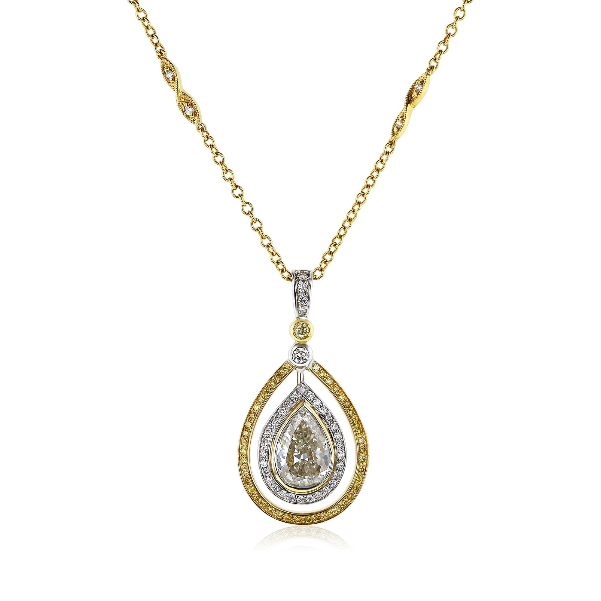 Kobelli 2.45 Carat Natural Fancy Yellow Diamond GIA Certified 18k Solid Two-Tone Gold Orbit Halo Pear Circuit Necklace