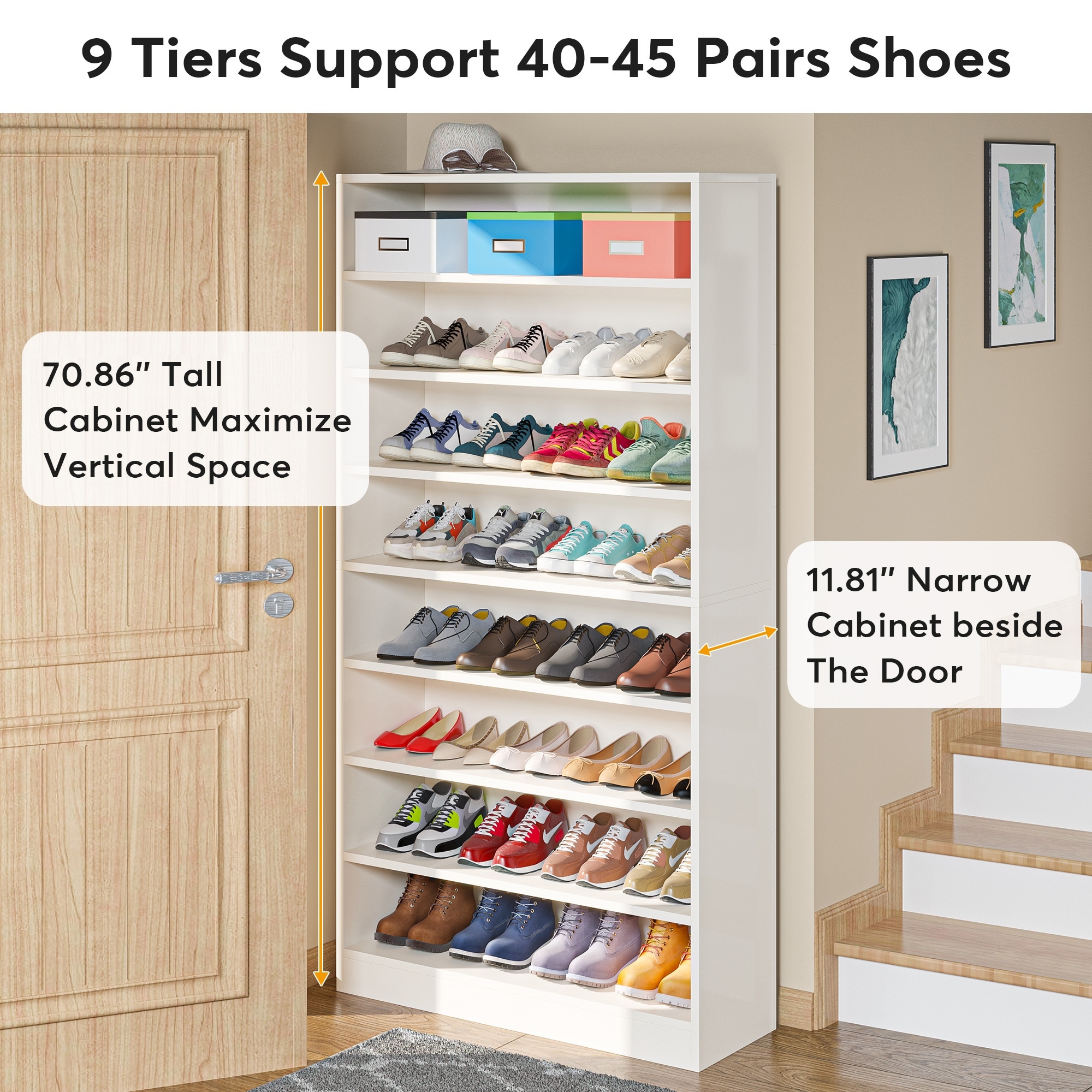 9 Tier Shoe Rack Space Saving Vertical Single Pairs Shoe Shelf