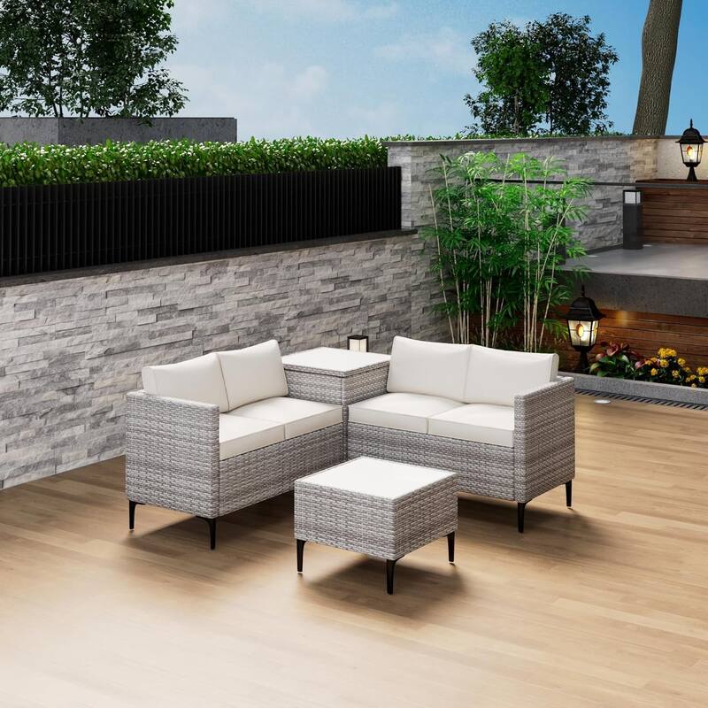 4-Piece Patio Sectional Sofa Set with Coffee Table and Storage Box - Gray