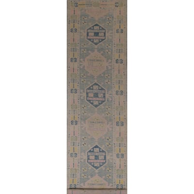 Hand Knotted Oriental 100% Wool Carpet Transitional Geometric Navy Blue & Blues Oushak Runner Rug - 17' 8'' X 3' 3''