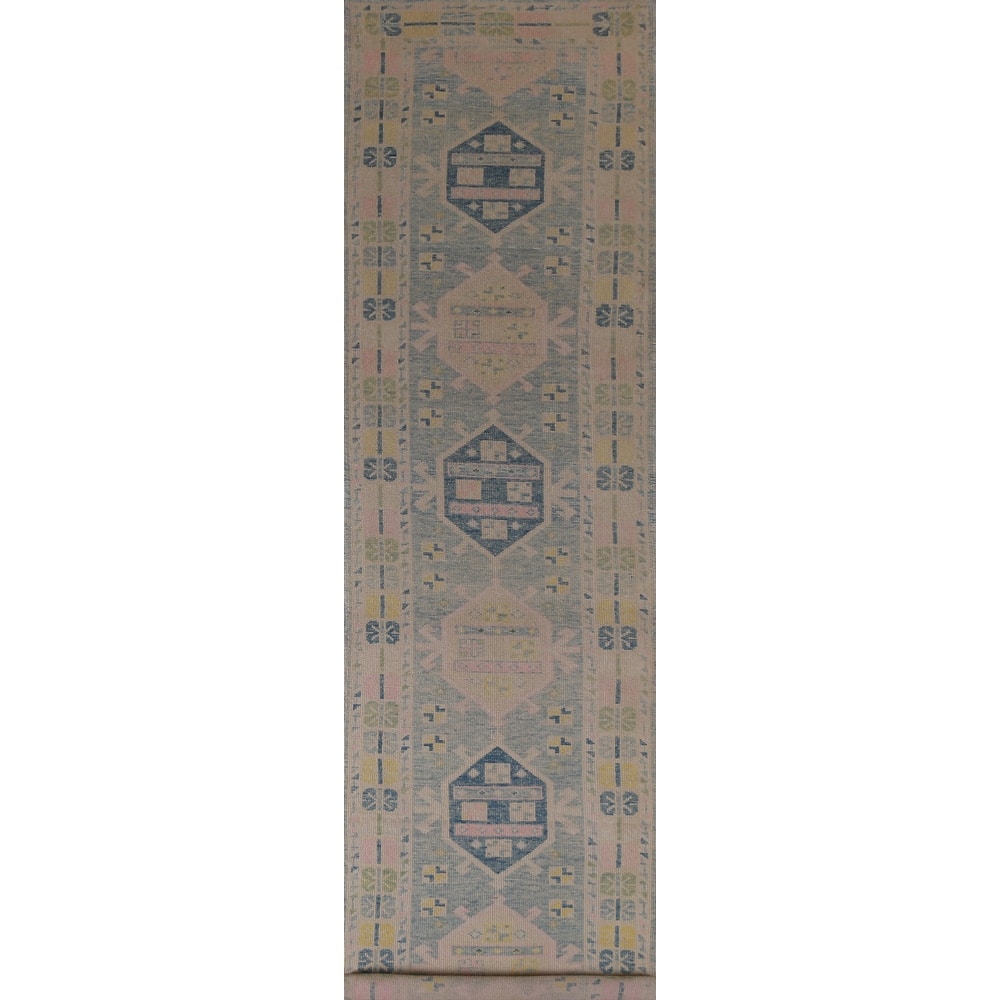 Hand Knotted Oriental 100% Wool Carpet Transitional Geometric Navy Blue & Blues Oushak Runner Rug - 17' 8'' X 3' 3''