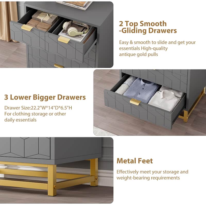5 Drawer Dresser, Chest with Metal Base, Modern Organizer Cabinet for Bedroom, Living Room, Hallway