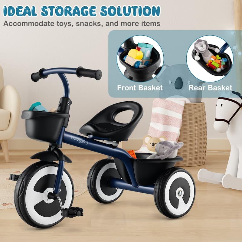 Toddler Tricycle with Adjustable Seat and Storage Baskets for 1.5-5 Years Old-White