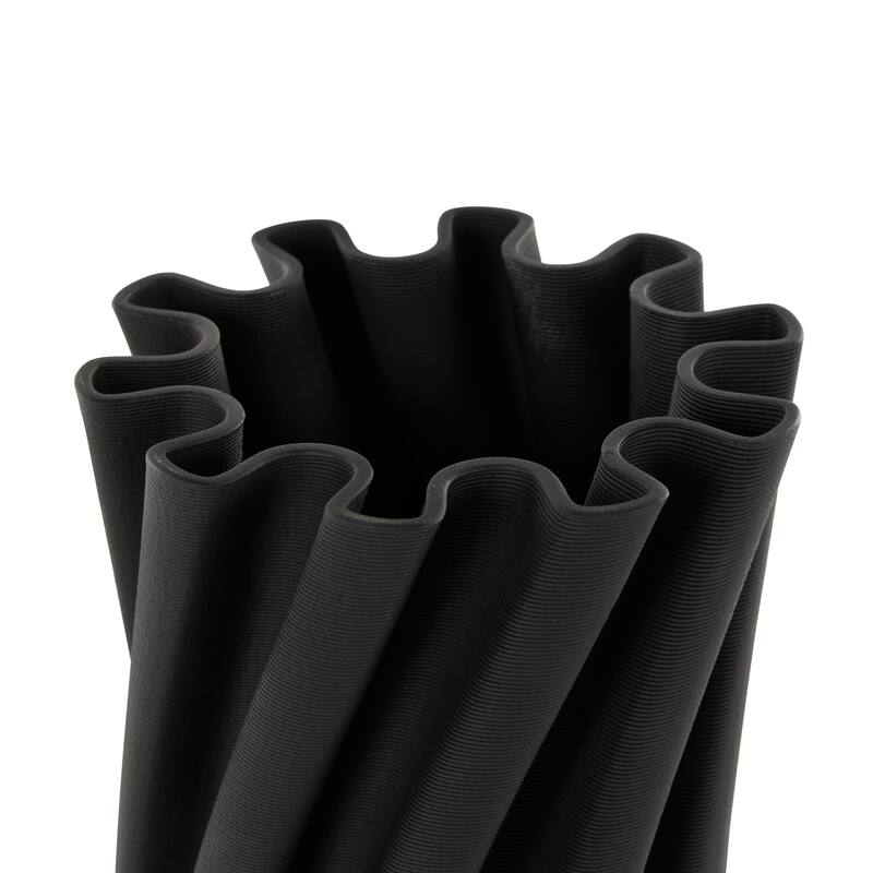 Black Ceramic Curvy Ribbed Abstract Vase with Floral Shaped Rim
