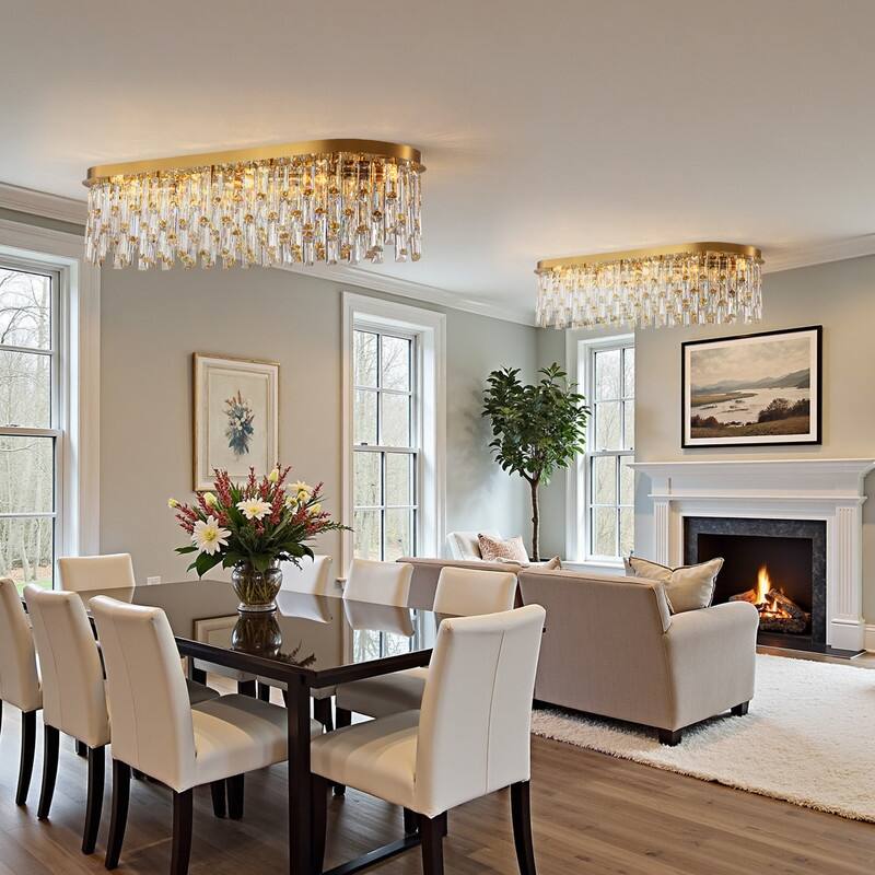 39.3 in. Brass Modern Luxury Crystal Chandelier Rectangular Flush Mount Ceiling Light for Dining Room Living Room