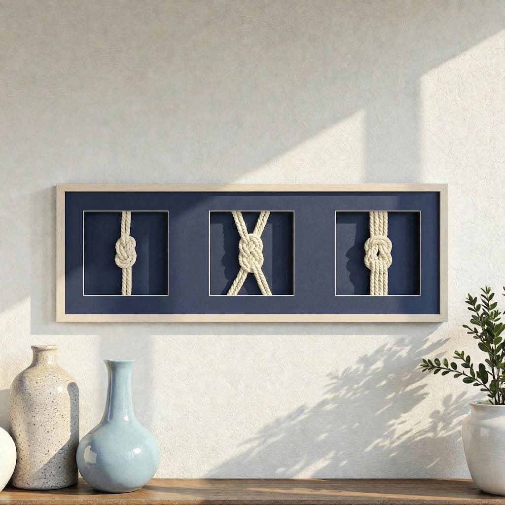 Framed Nautical Rope Shadow Box Wall Art Navy Coastal Beach Decor for Living Room or Bathroom 37 x 13