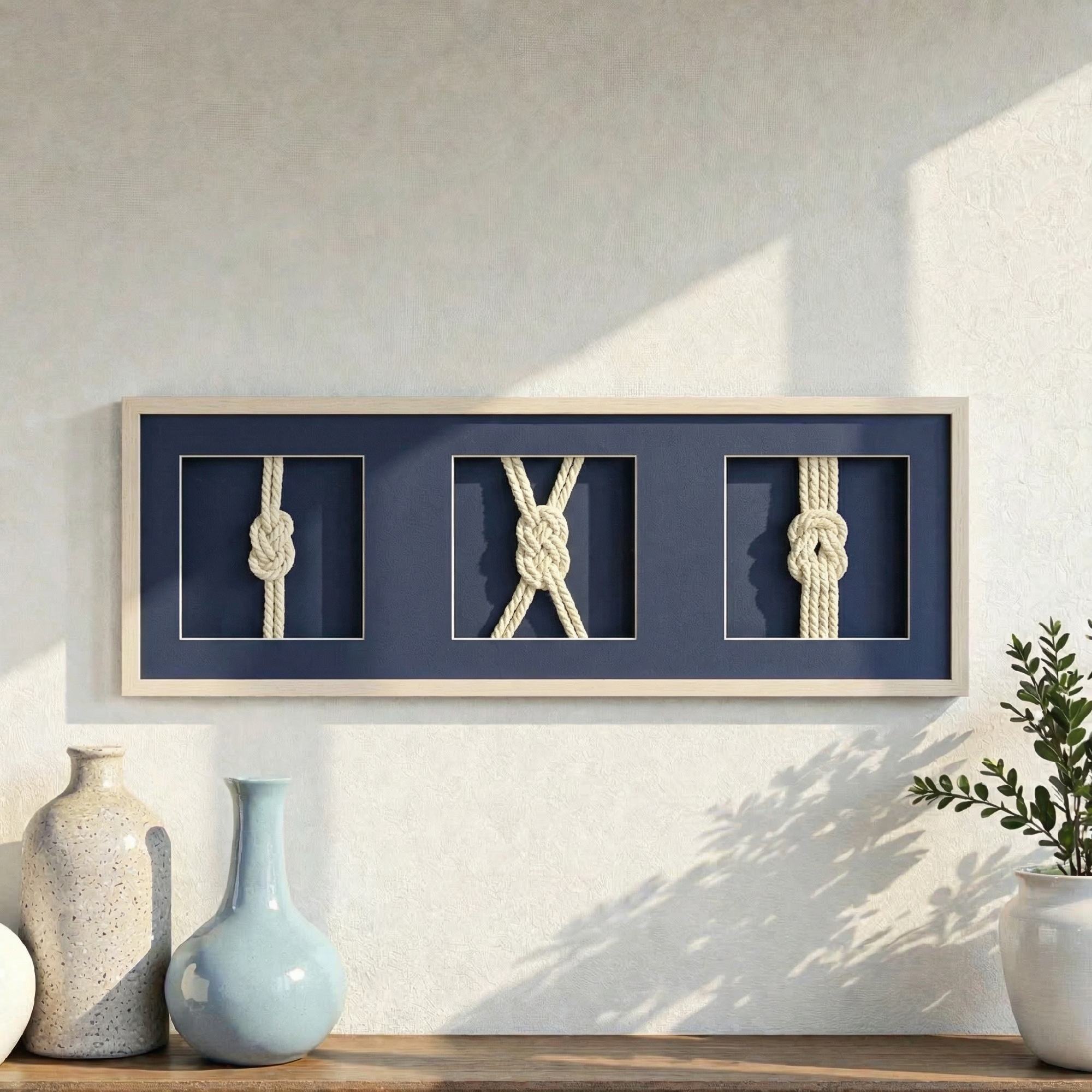 Framed Nautical Rope Shadow Box Wall Art Navy Coastal Beach Decor for Living Room or Bathroom 37 x 13