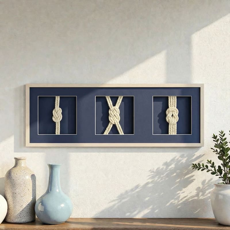 Framed Nautical Rope Shadow Box Wall Art Navy Coastal Beach Decor for Living Room or Bathroom 37 x 13 - Blue