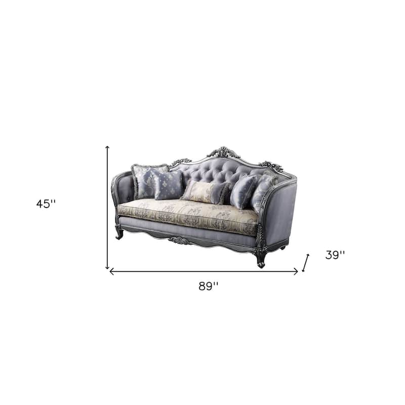 HomeRoots 89" Platinum Imitation Silk Damask Sofa And Toss Pillows - 89