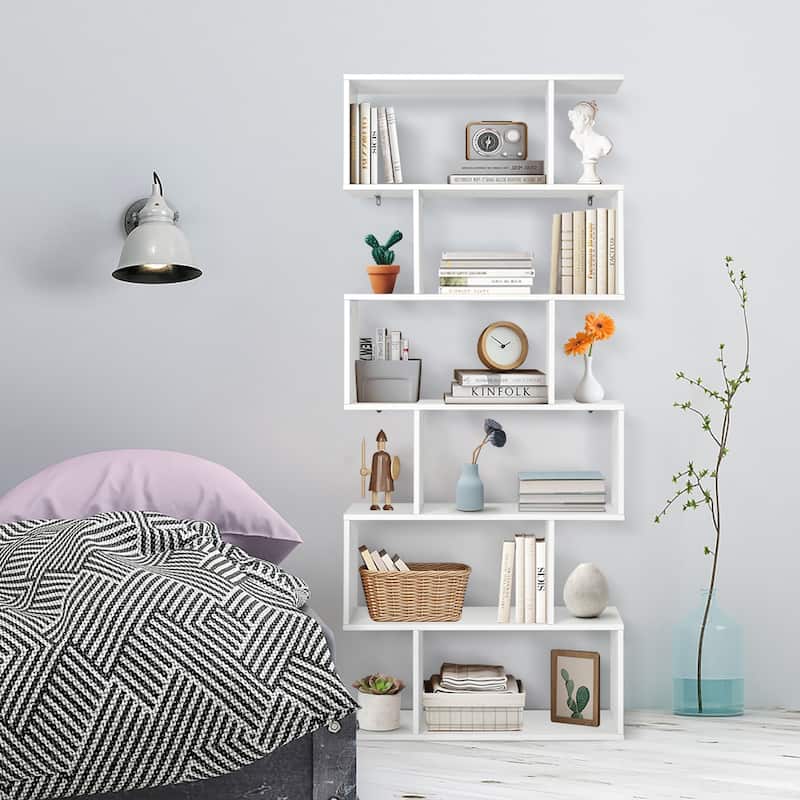 S-Shaped 6-Tier Freestanding Bookshelf with Open Storage Shelves for Living Room or Bedroom