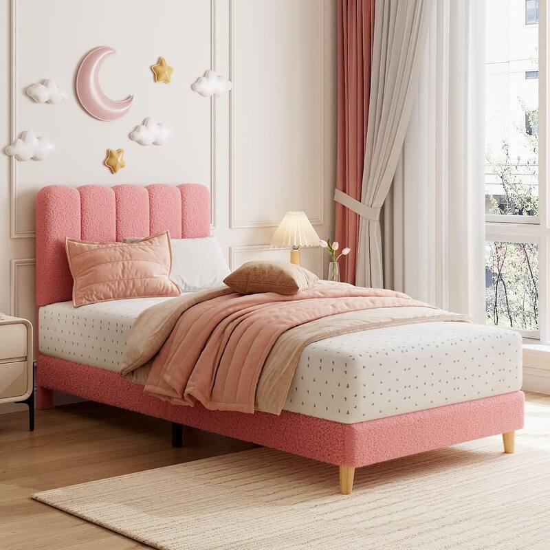 Twin Upholstered Platform Bed Frame with Wave Headboard, Wood Slats, No Box Spring Needed, for Kids or Teens