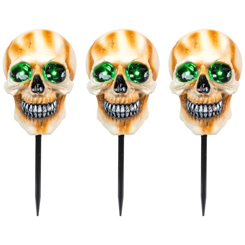 3 Lighted Skeleton Head Halloween Pathway Markers Sound B/O