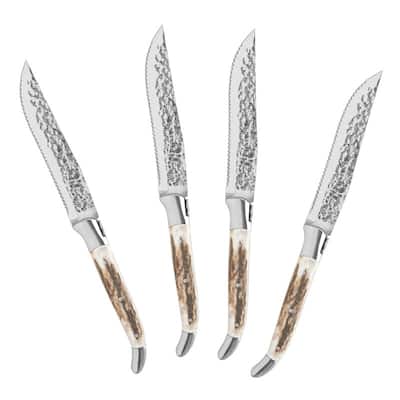 French Home Laguiole Set of 4, Connoisseur BBQ Steak Knives with Deer Horn Handles - Silver