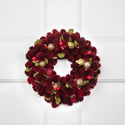 Red Gold Pine Cone Ornament Artificial Christmas Wreath, 9.5", Unlit