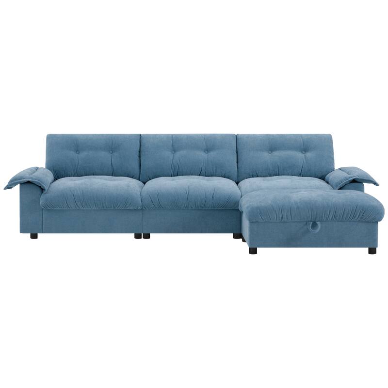 Chenille Tufted L-Shape Sectional Sofa with Storage Ottoman, Pockets and All-in-one Armrest with Dual-Port Charging, Cup Holder