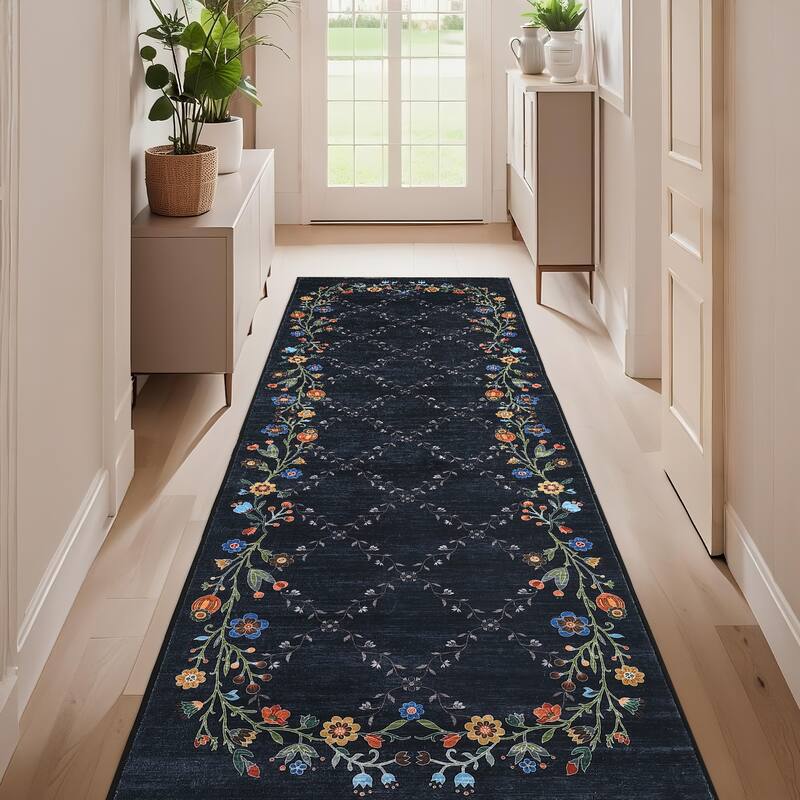 Floral Area Rugs for Living Room Low Pile Non Slip Rugs Washable Soft Foldable Accent Carpet Home Decor