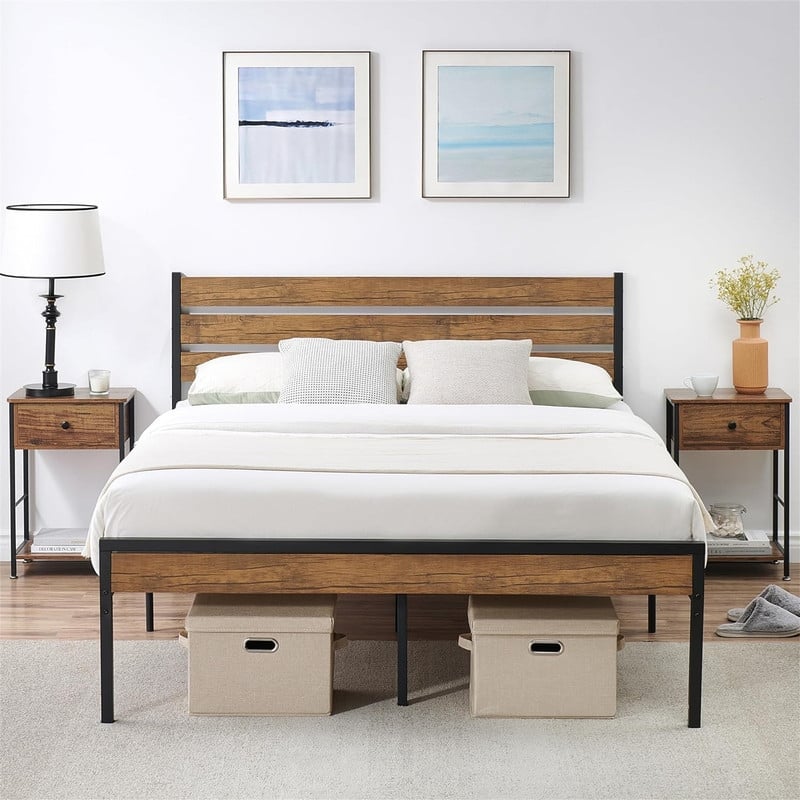 Twin Size Platform Bed Frame with Rustic Wood Headboard