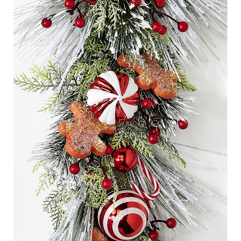28" Snowy Christmas Artificial Pine Berry Ball Floral Teardrop With Gingerbread Men - 28
