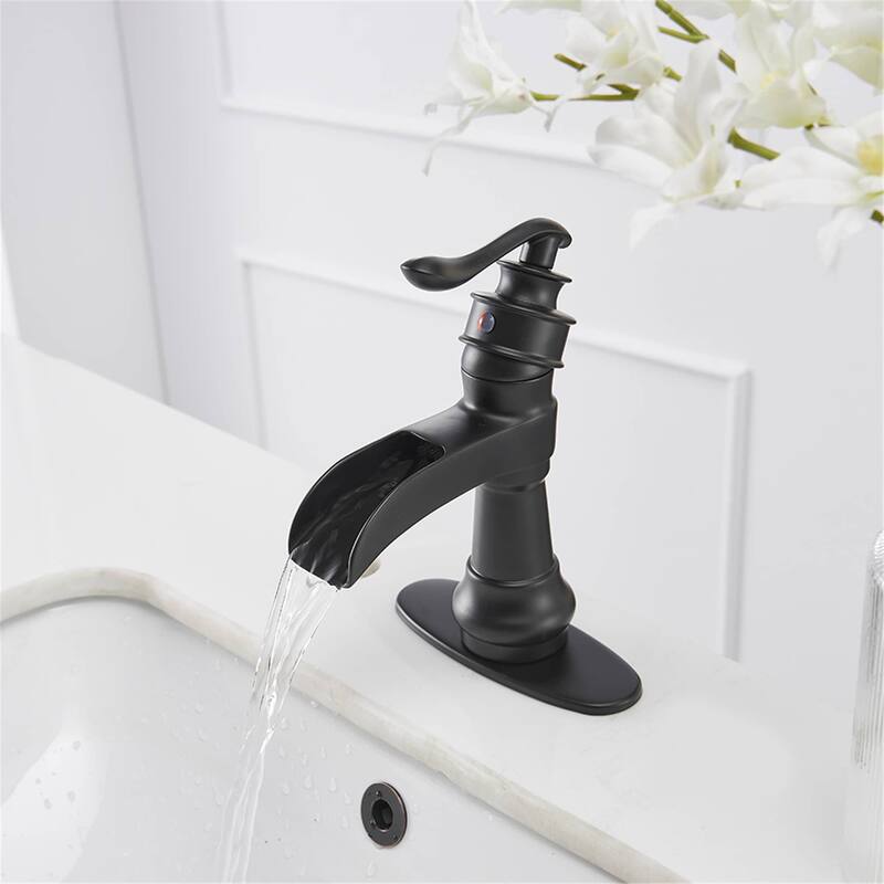 Waterfall Single Handle Bathroom Faucet With Drain Assembly Single Hole Bathroom Sink Faucets Modern Basin Vanity Mixer Taps - Matte Black