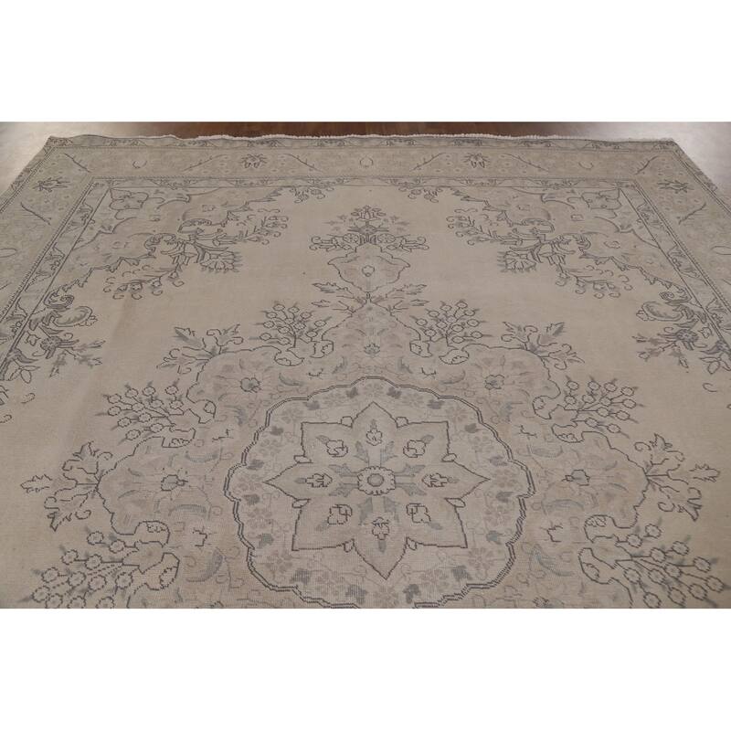 Hand Knotted Oriental 100% Wool Carpet Traditional Floral Beige & Ivories Tabriz Area Rug - 12' 5'' X 9' 7''