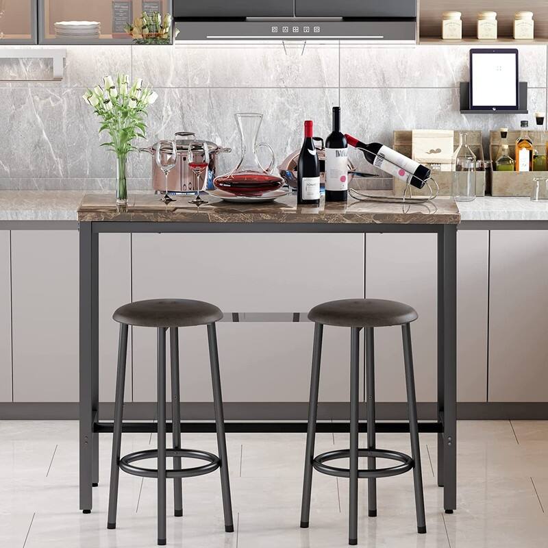 3 Piece Kitchen Pub Dining Set, Modern Faux Marble Counter Height Bistro Bar Table Set with 2 PU Leather Bar Stools