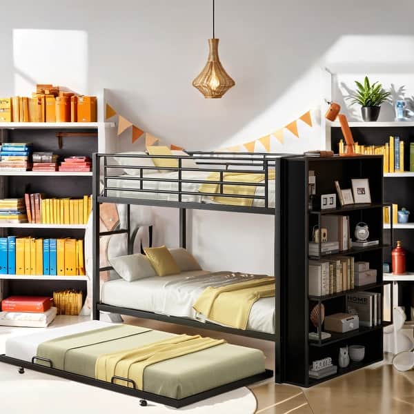 slide 2 of 13, Twin Size Bunk Bed With A Big Bookshelf Black