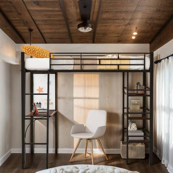 slide 2 of 29, Twin Size Loft Metal Bed with 3 Layers of Shelves and Desk, Black Black