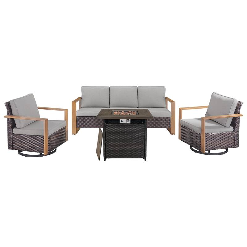 Pocassy Outdoor Fire Pit with 3-Seat Sofa Swivel Chairs Patio Furniture Set