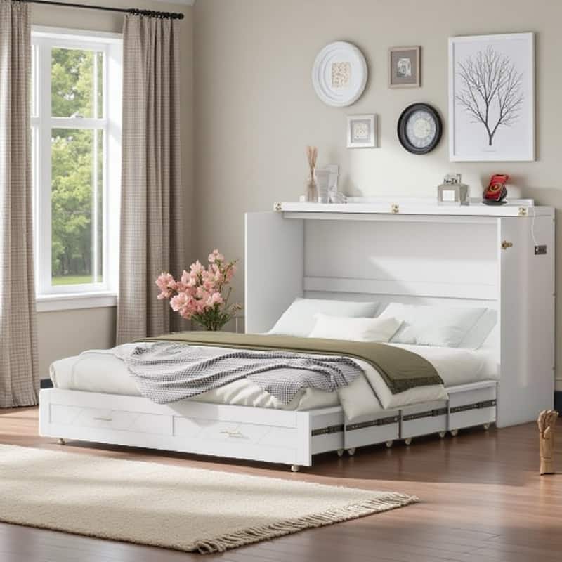 Queen Size Murphy Bed with Pulley System, Storage Drawer, USB Ports, and Sockets, Space-Saving - Queen White - Queen