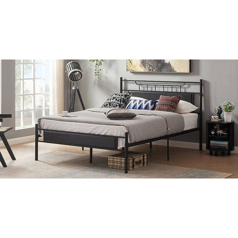 VECELO Industrial Bed Frame with Wood Headboard,Twin/Full/Queen Size Bed, Black/Brown/Slate-3 colors