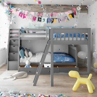 Grey 3-in-1 Twin over Twin L-Shaped Bunk Bed with Ladder, Staircase and 3 Drawers