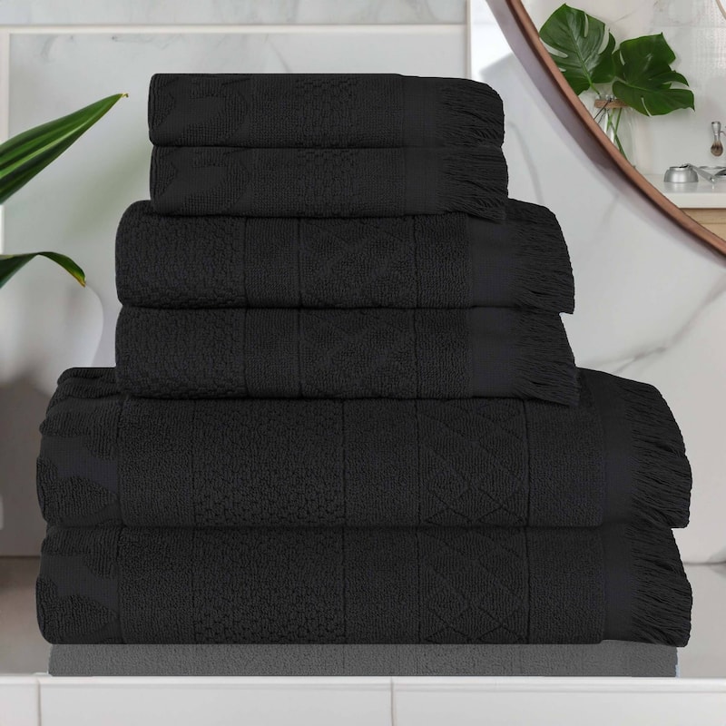 Superior Rolla Cotton Geometric Jacquard Plush Soft 6 Piece Towel Set - Black