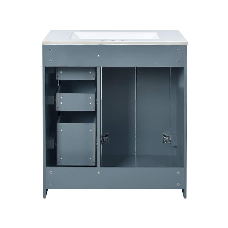 Roomfitters 30" Vanity with Ceramic Sink, Solid Wood Freestanding Cabinet with 3 Drawers and Soft Closing Doors
