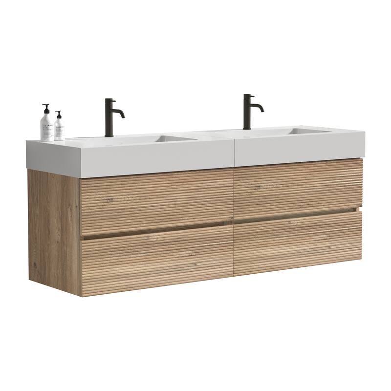 GDFStudio - Grace Wall-Mounted Bathroom Vanity with Engineered Quartz Sink & Soft Close Drawers, without Drainage and Faucet