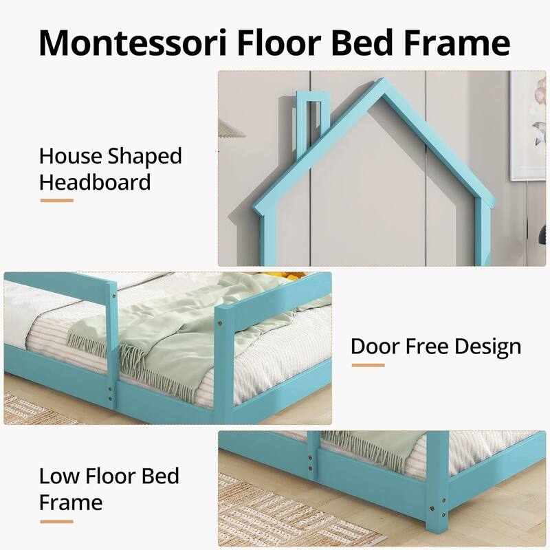 Twin Size House-Shaped Headboard Floor Bed with Fences
